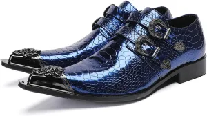 Santimon Men's Luxury Patent Leather Dress Shoes - Snakeskin Texture Metal Pointed Toe Metallic Monk Strap Loafers Formal Shoes with Buckle Accent for Wedding Party Bar Singer