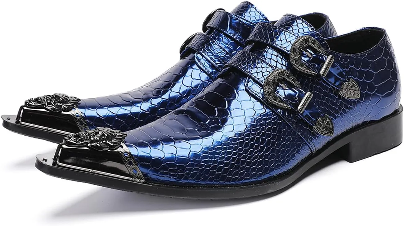 Santimon Men's Luxury Patent Leather Dress Shoes - Snakeskin Texture Metal Pointed Toe Metallic Monk Strap Loafers Formal Shoes with Buckle Accent for Wedding Party Bar Singer