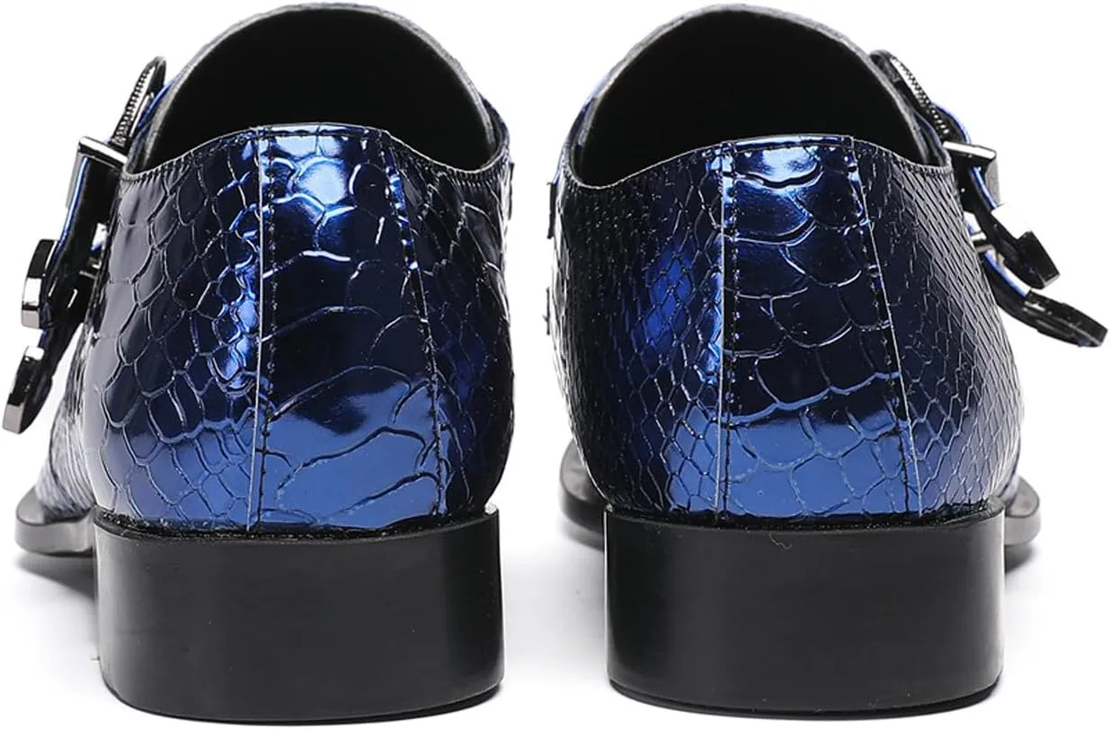 Santimon Men's Luxury Patent Leather Dress Shoes - Snakeskin Texture Metal Pointed Toe Metallic Monk Strap Loafers Formal Shoes with Buckle Accent for Wedding Party Bar Singer
