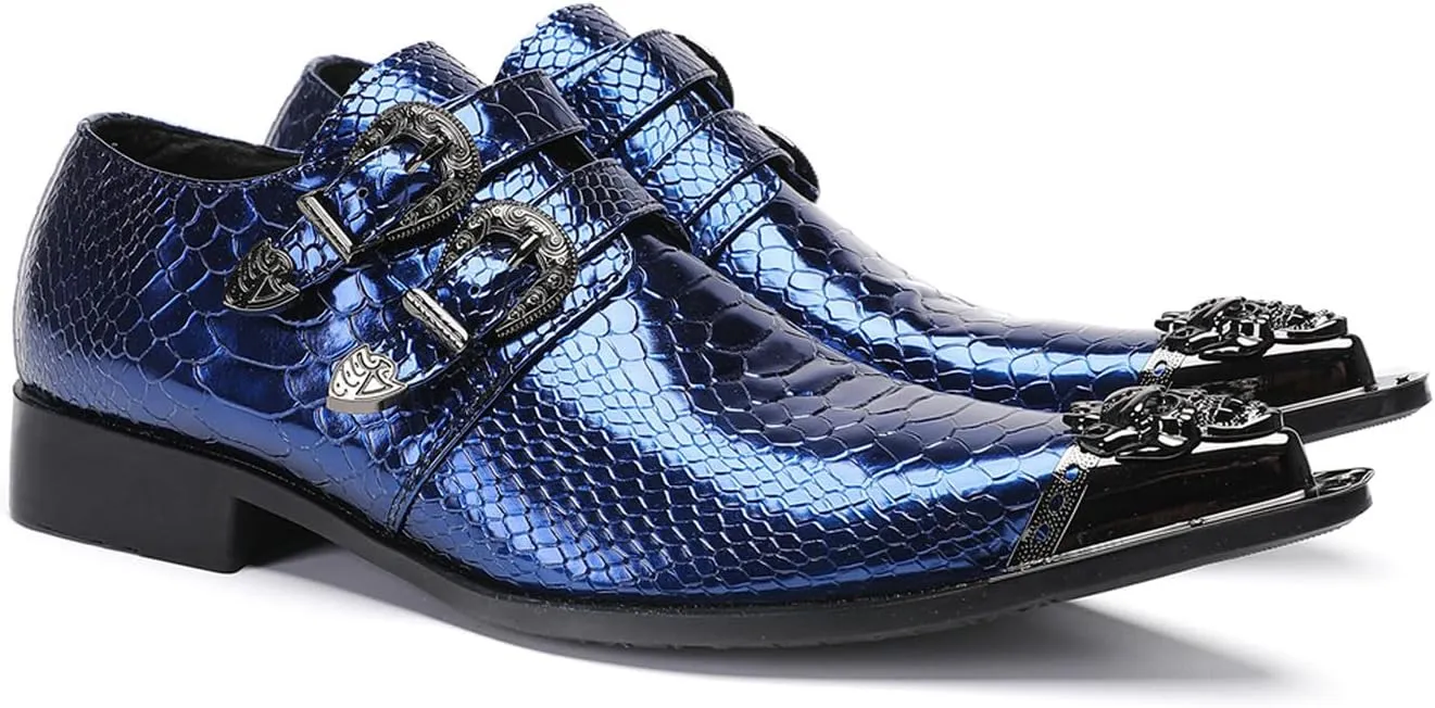 Santimon Men's Luxury Patent Leather Dress Shoes - Snakeskin Texture Metal Pointed Toe Metallic Monk Strap Loafers Formal Shoes with Buckle Accent for Wedding Party Bar Singer