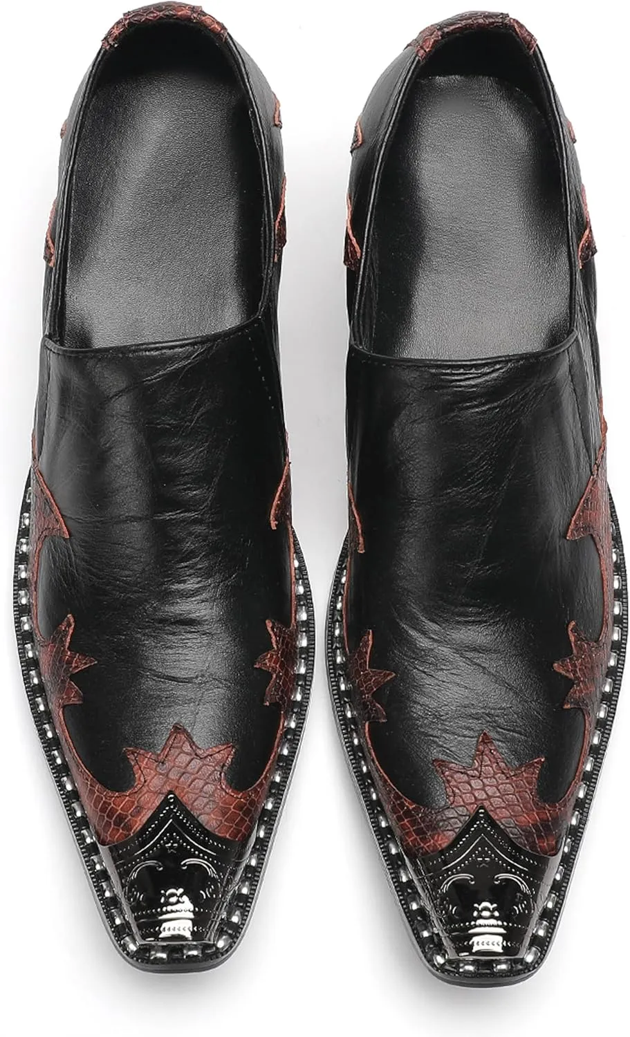 Santimon Men's Slip On Shoes Dress Casual Loafers with Metal Pointed Toe, Block Heel, Genuine Leather Two Tone Western Shoes for Office, Party, and Bar Wear