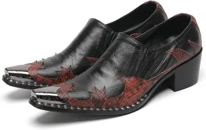 Santimon Men's Slip On Shoes Dress Casual Loafers with Metal Pointed Toe, Block Heel, Genuine Leather Two Tone Western Shoes for Office, Party, and Bar Wear