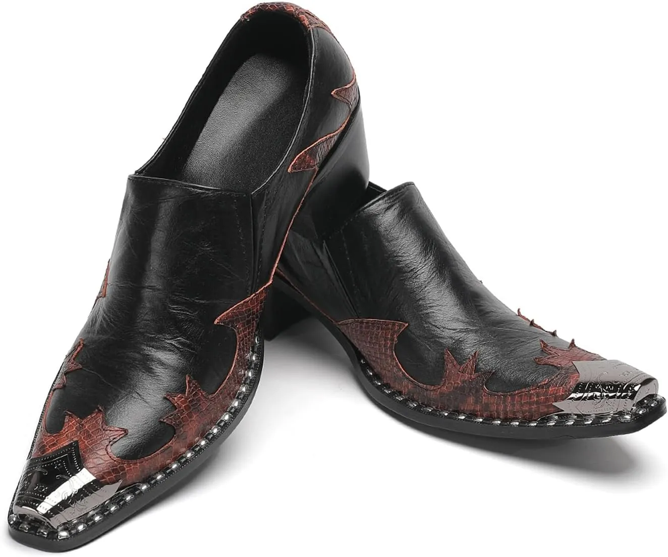 Santimon Men's Slip On Shoes Dress Casual Loafers with Metal Pointed Toe, Block Heel, Genuine Leather Two Tone Western Shoes for Office, Party, and Bar Wear
