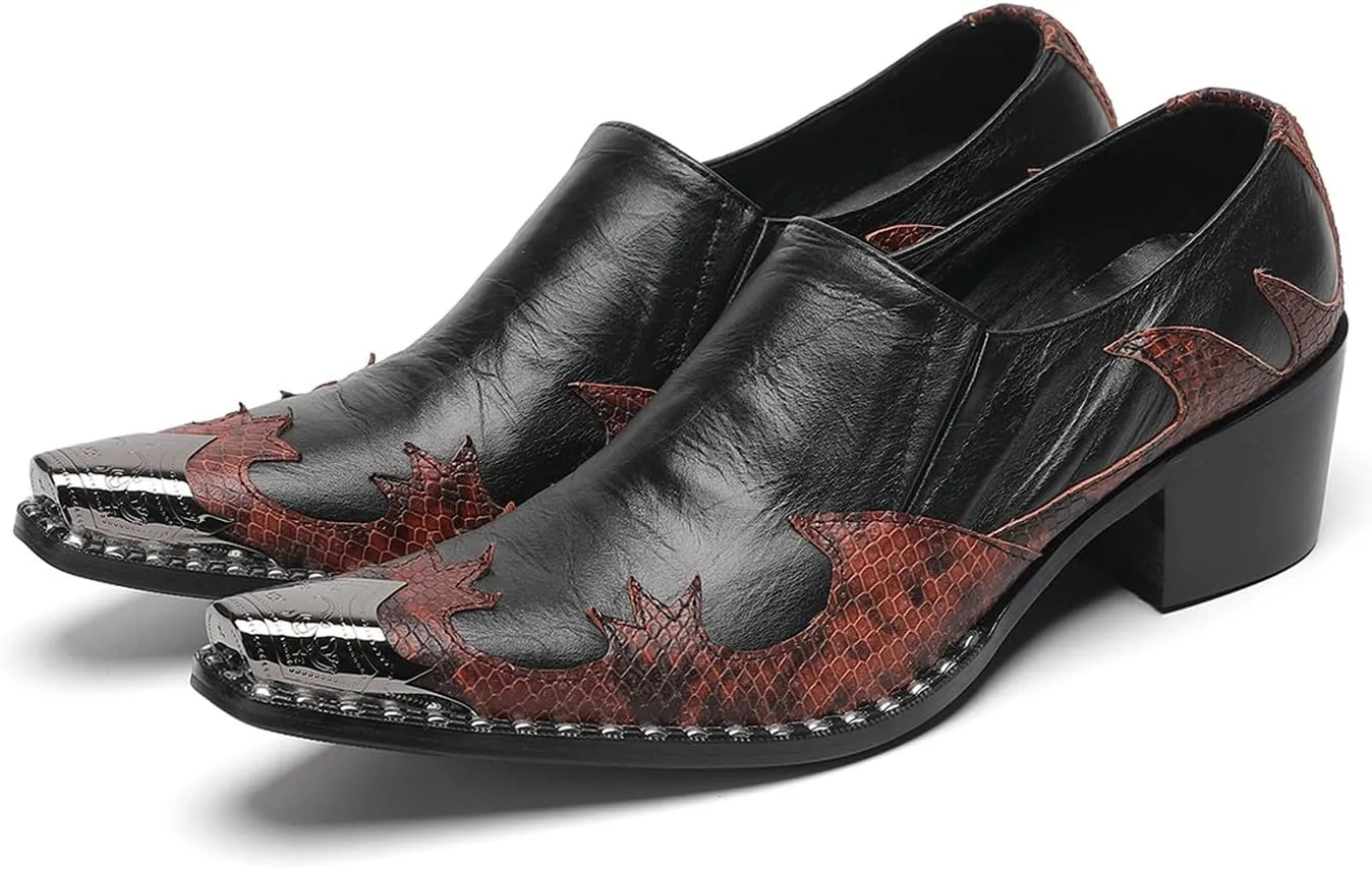 Santimon Men's Slip On Shoes Dress Casual Loafers with Metal Pointed Toe, Block Heel, Genuine Leather Two Tone Western Shoes for Office, Party, and Bar Wear