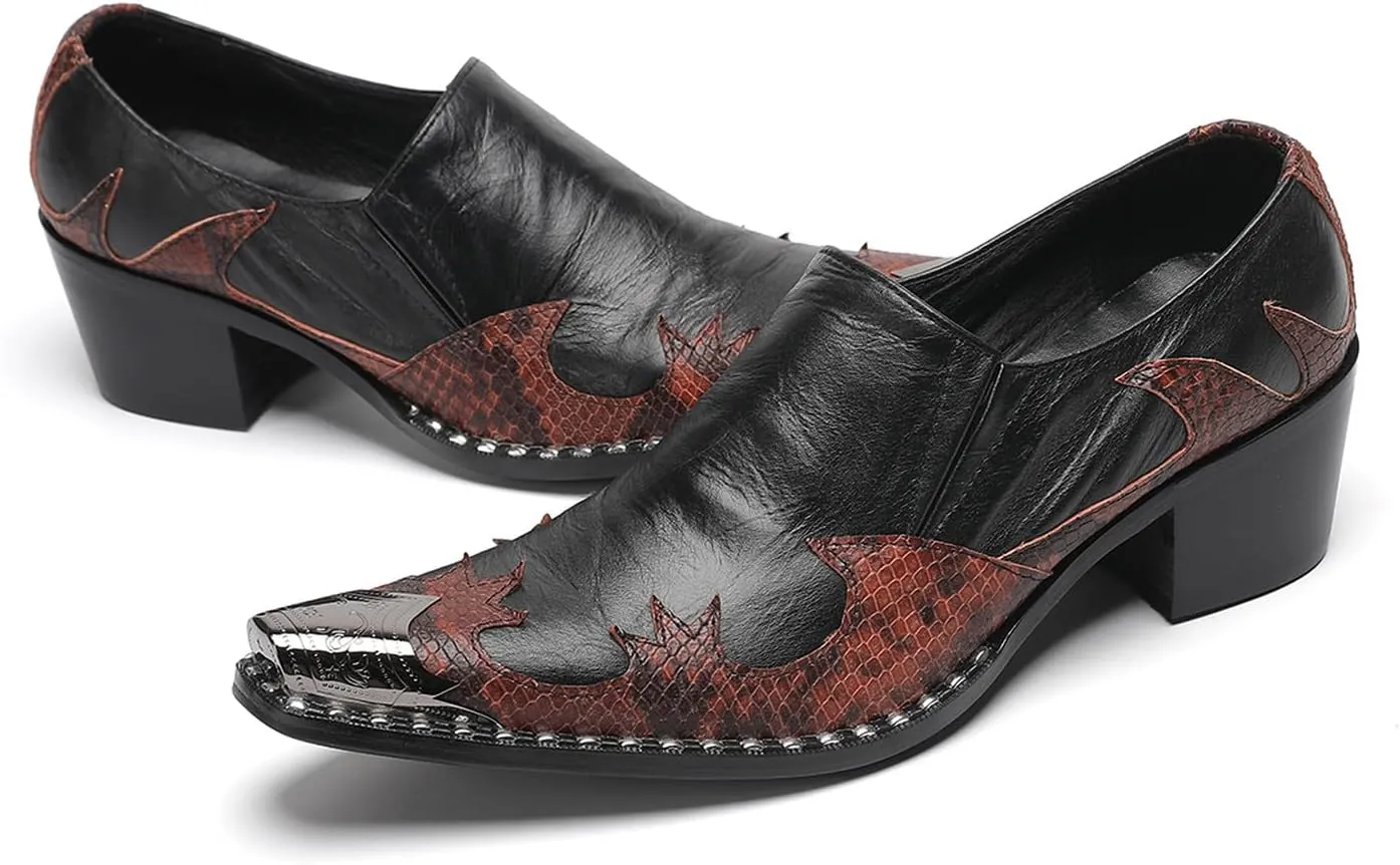 Santimon Men's Slip On Shoes Dress Casual Loafers with Metal Pointed Toe, Block Heel, Genuine Leather Two Tone Western Shoes for Office, Party, and Bar Wear