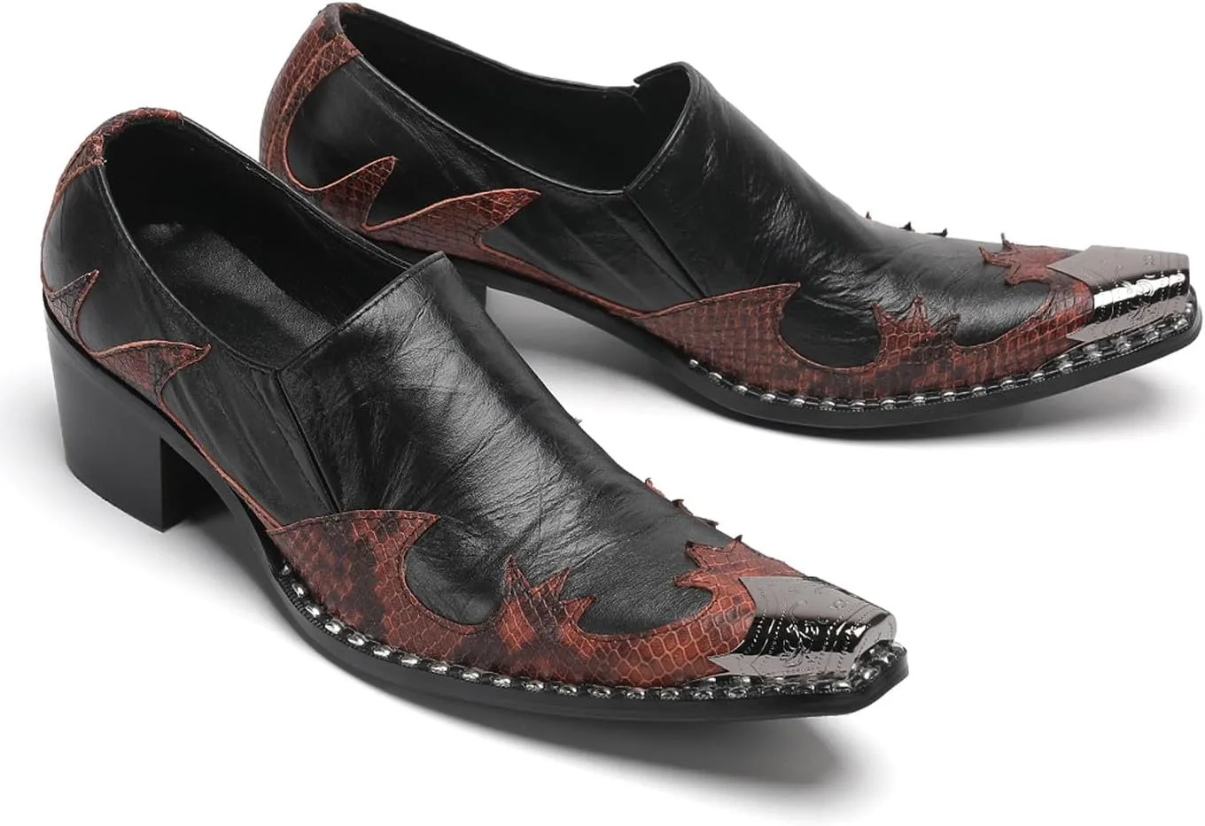 Santimon Men's Slip On Shoes Dress Casual Loafers with Metal Pointed Toe, Block Heel, Genuine Leather Two Tone Western Shoes for Office, Party, and Bar Wear