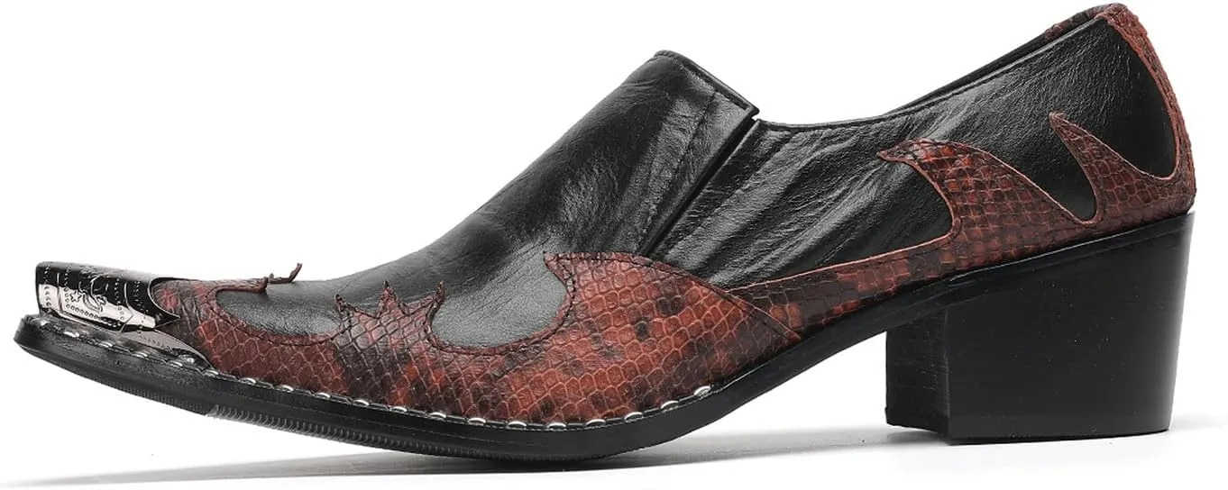 Santimon Men's Slip On Shoes Dress Casual Loafers with Metal Pointed Toe, Block Heel, Genuine Leather Two Tone Western Shoes for Office, Party, and Bar Wear