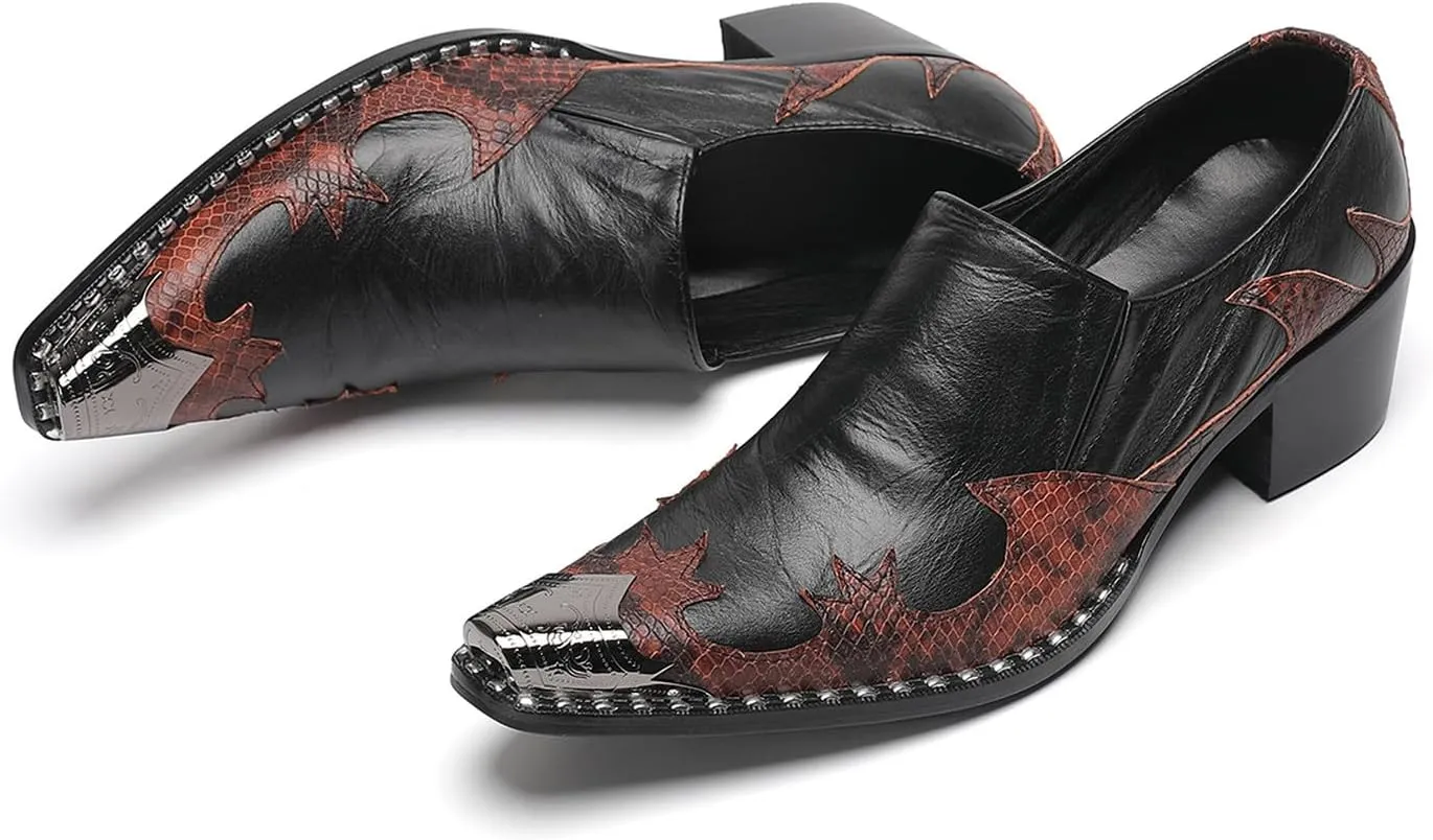 Santimon Men's Slip On Shoes Dress Casual Loafers with Metal Pointed Toe, Block Heel, Genuine Leather Two Tone Western Shoes for Office, Party, and Bar Wear