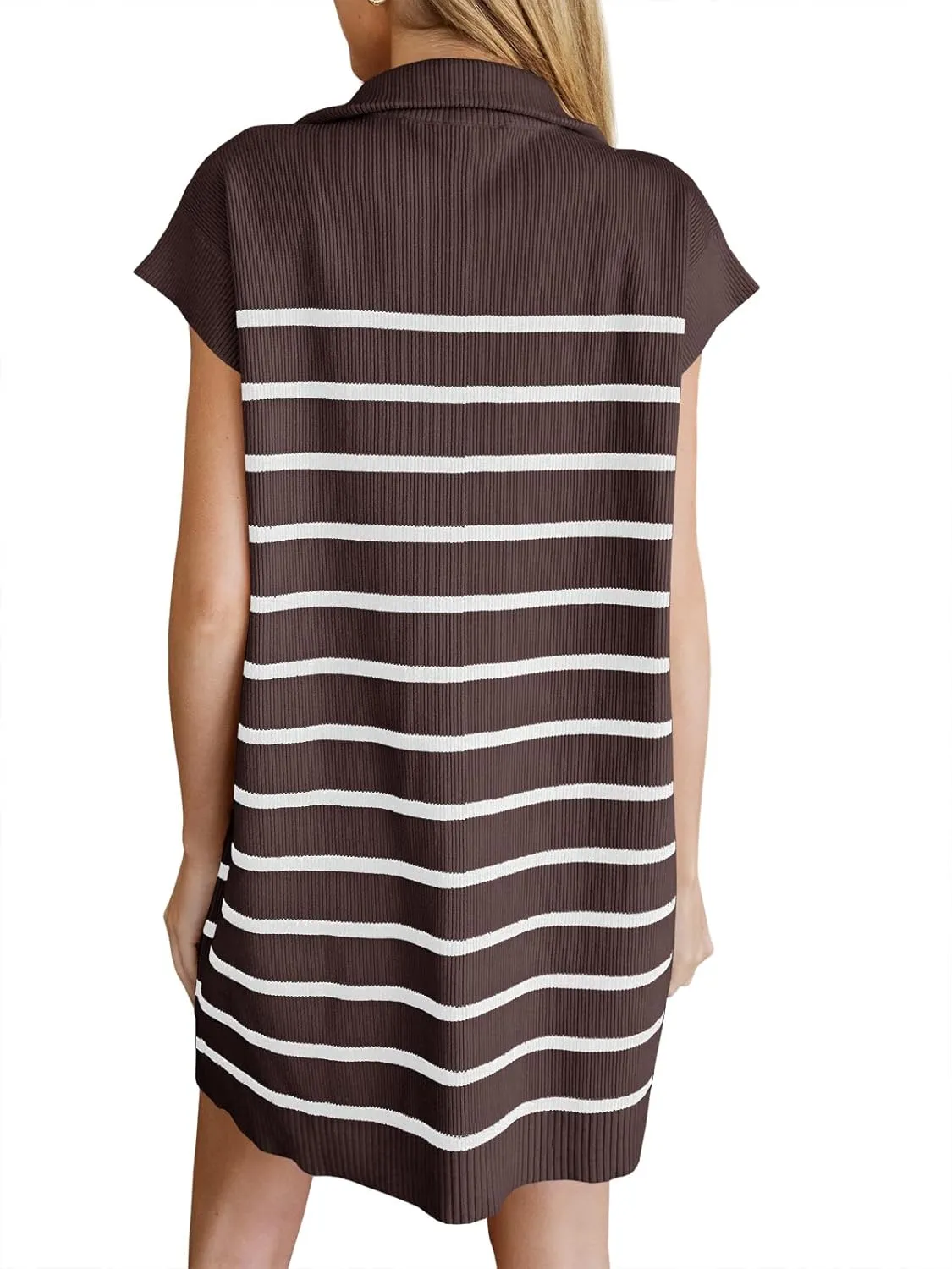 Saodimallsu Womens Striped Summer Dress Half Zip Cap Sleeve Color Block Going Out Knit Trendy Tunic Mini Dresses