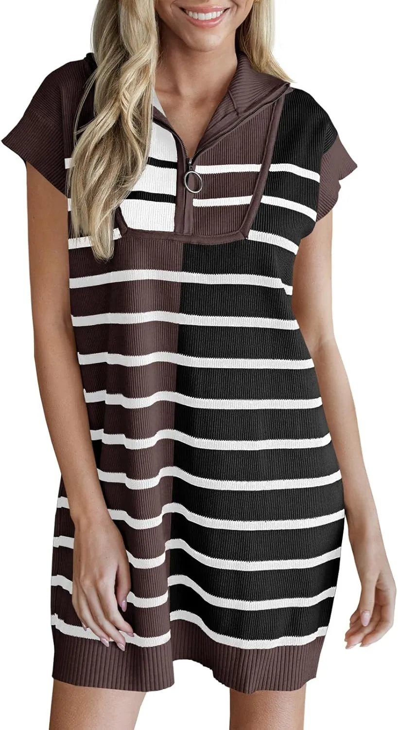 Saodimallsu Womens Striped Summer Dress Half Zip Cap Sleeve Color Block Going Out Knit Trendy Tunic Mini Dresses