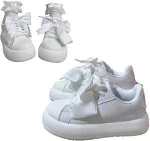 Satin-Bow Leather Sneakers Women & Girls - Lolita Chunky Platform Shoes with Thick Round Toe, Retro Y2K Kawaii Design for Parties, Beach Travel & Weekend Strolls Comfy Streetwear Trendy Minimalist