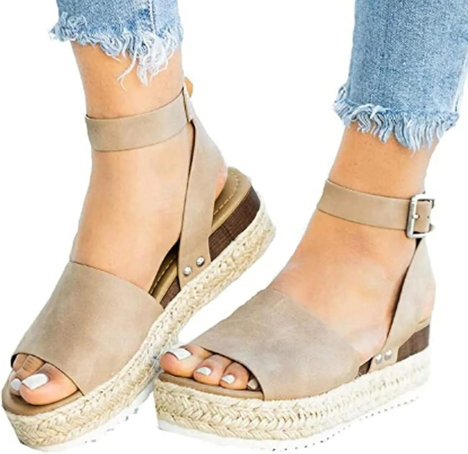 SBGMoSJ Platform Sandals Women Slip On Tan White Espadrille Flat Sandals for Women Womens Wide Width Memory Foam Platform Sandals Size 7 70's Platform Sandals for Women Sandals Women