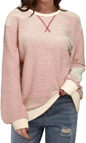 SHEWIN Womens Striped Sweatshirt Crewneck Casual Long Sleeve Pullover Tops Trendy 2025