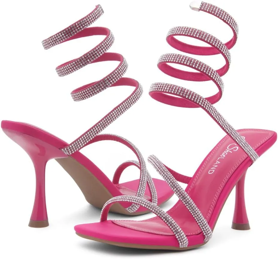 Shoe Land Charming2 Women's Rhinestone Heels, Square Open Toe High Stilettos with Spiral Ankle Wrap Strap – Coil Spiral High Heeled Crystal Dress Sandals for Party