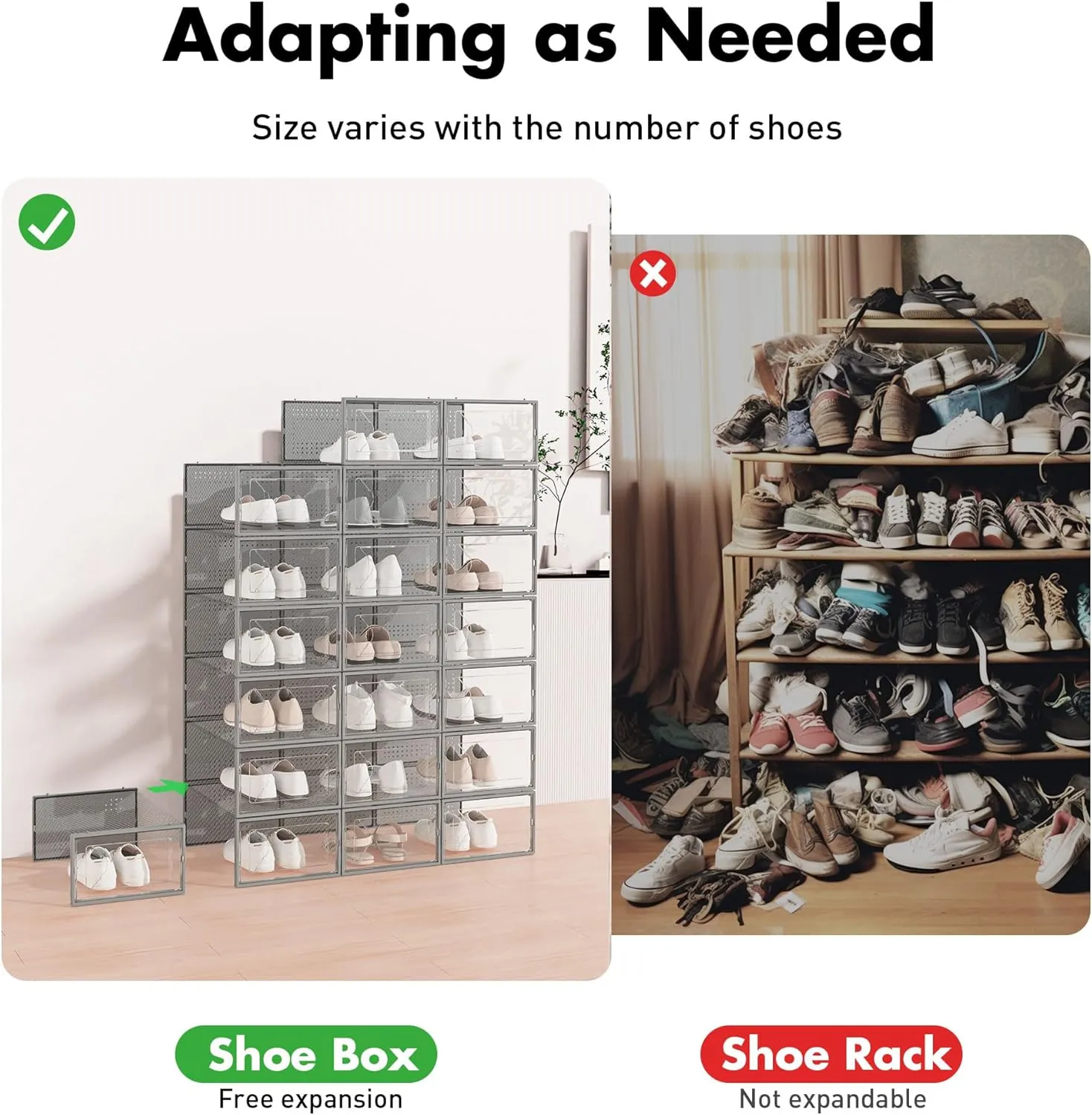Shoe Storage Box, 15 Pack Clear Plastic Stackable Shoe Organizer for Closet, Interlocking Design Shoe Container Bins for Sneakers, Foldable Shoe Rack with Lids, Gray