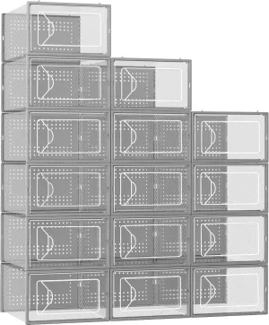Shoe Storage Box, 15 Pack Clear Plastic Stackable Shoe Organizer for Closet, Interlocking Design Shoe Container Bins for Sneakers, Foldable Shoe Rack with Lids, Gray
