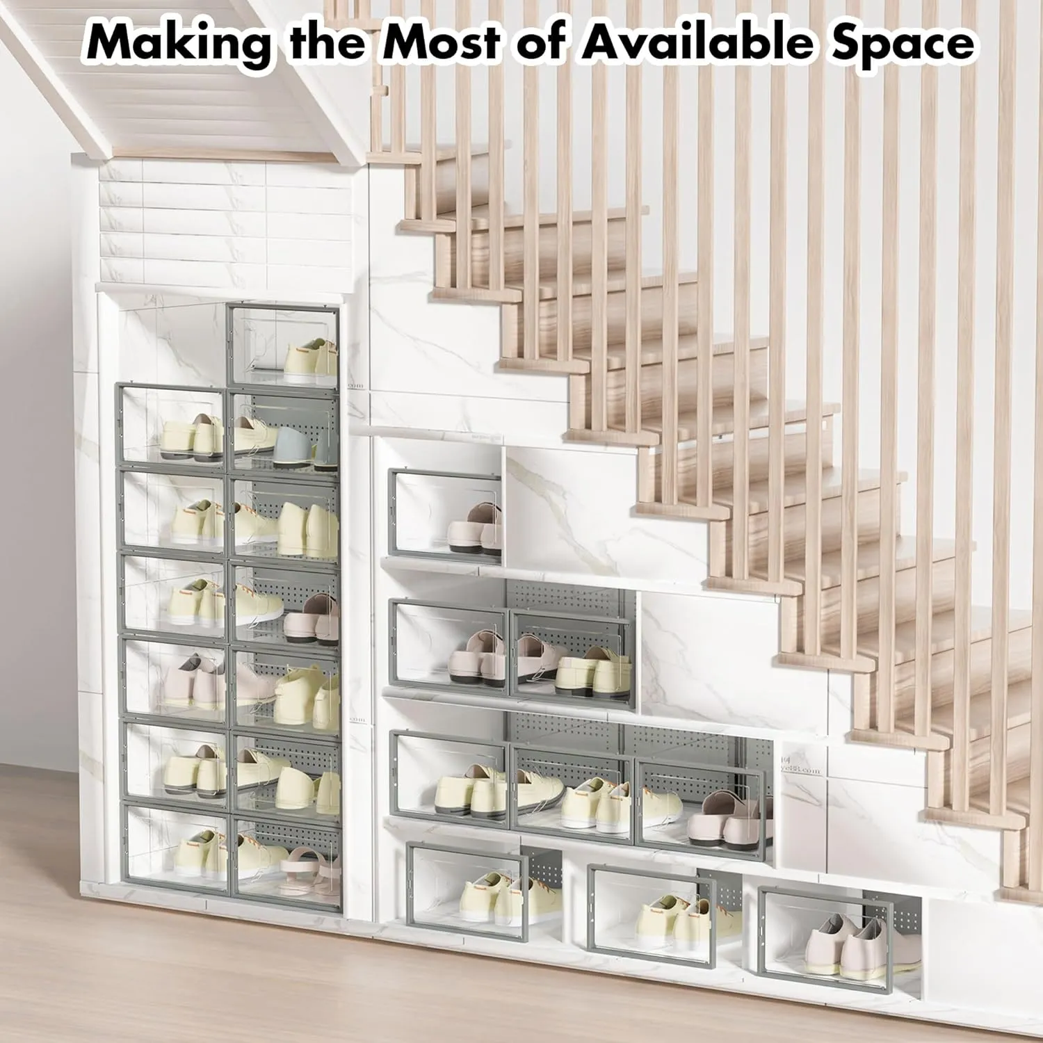 Shoe Storage Box, 15 Pack Clear Plastic Stackable Shoe Organizer for Closet, Interlocking Design Shoe Container Bins for Sneakers, Foldable Shoe Rack with Lids, Gray