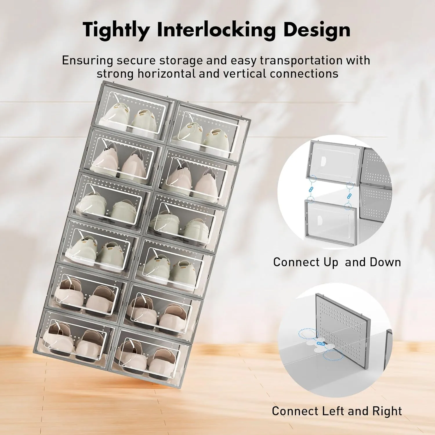 Shoe Storage Box, 15 Pack Clear Plastic Stackable Shoe Organizer for Closet, Interlocking Design Shoe Container Bins for Sneakers, Foldable Shoe Rack with Lids, Gray