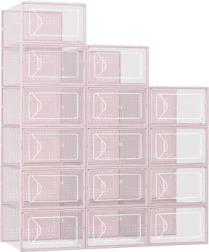 Shoe Storage Box, 15 Pack Clear Plastic Stackable Shoe Organizer for Closet, Interlocking Design Shoe Container Bins for Sneakers, Foldable Shoe Rack with Lids, Pink