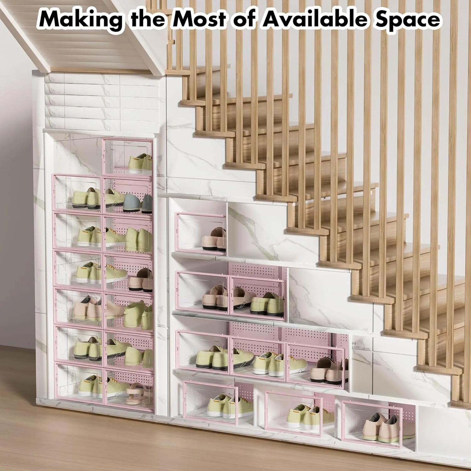 Shoe Storage Box, 15 Pack Clear Plastic Stackable Shoe Organizer for Closet, Interlocking Design Shoe Container Bins for Sneakers, Foldable Shoe Rack with Lids, Pink