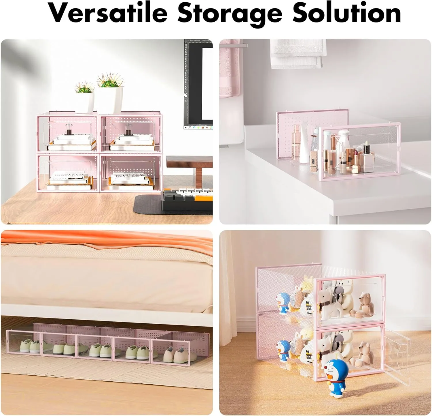 Shoe Storage Box, 15 Pack Clear Plastic Stackable Shoe Organizer for Closet, Interlocking Design Shoe Container Bins for Sneakers, Foldable Shoe Rack with Lids, Pink