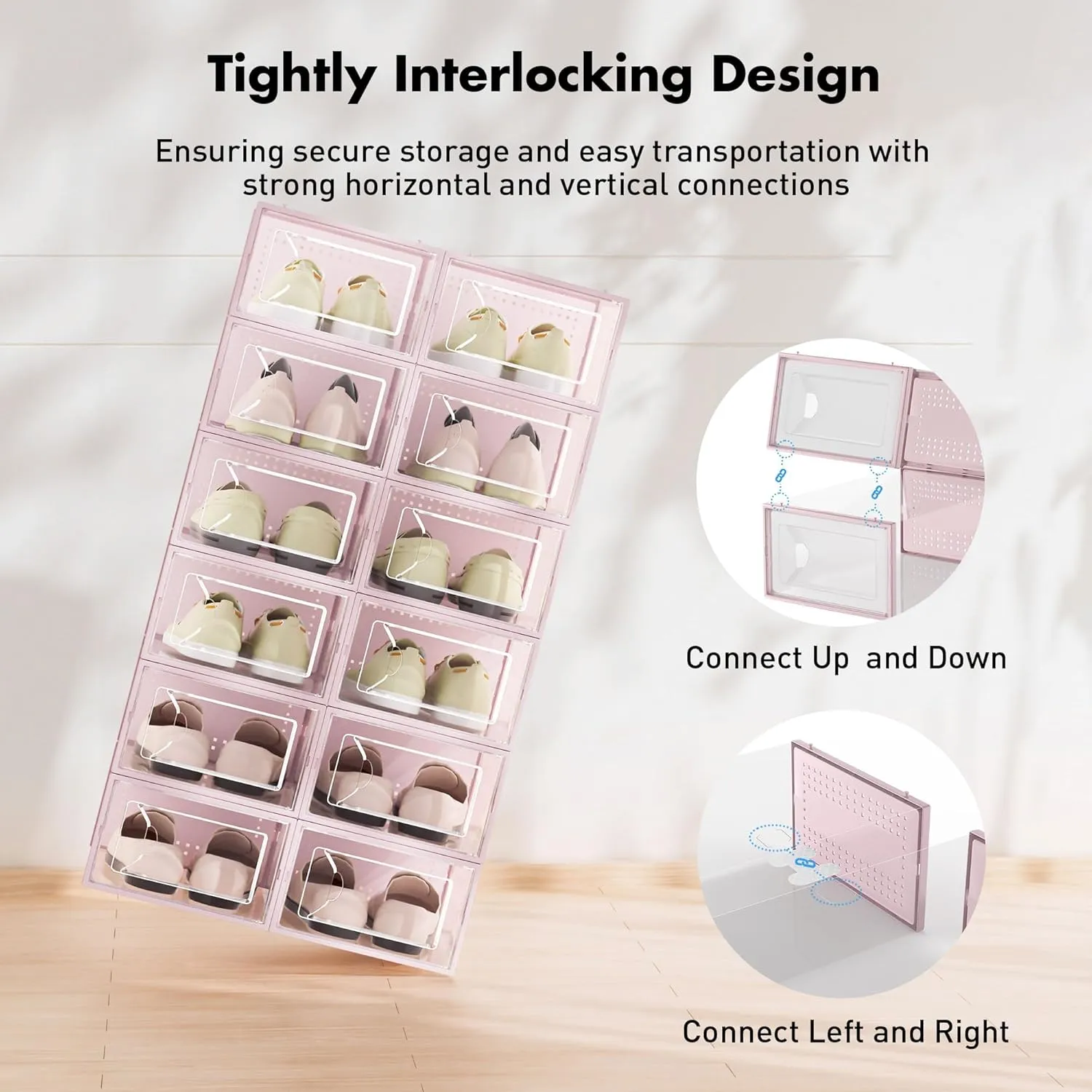 Shoe Storage Box, 15 Pack Clear Plastic Stackable Shoe Organizer for Closet, Interlocking Design Shoe Container Bins for Sneakers, Foldable Shoe Rack with Lids, Pink
