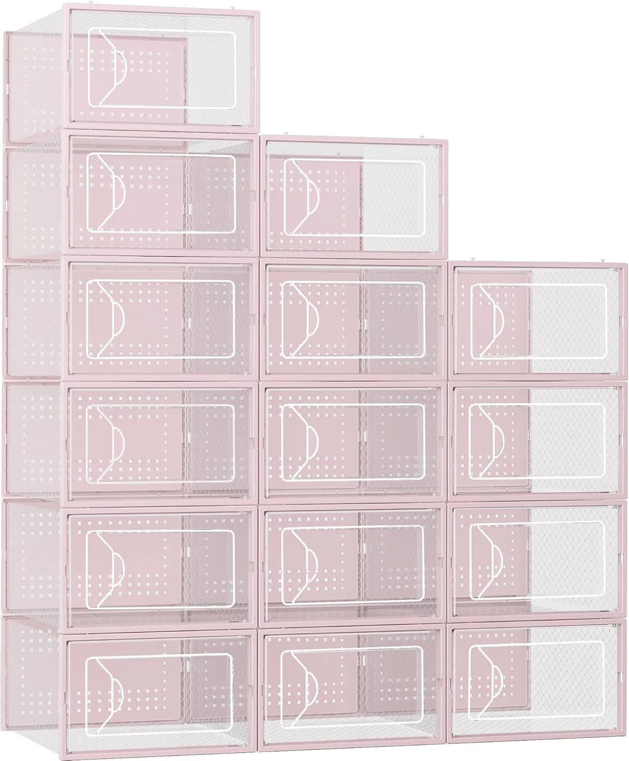 Shoe Storage Box, 15 Pack Clear Plastic Stackable Shoe Organizer for Closet, Interlocking Design Shoe Container Bins for Sneakers, Foldable Shoe Rack with Lids, Pink