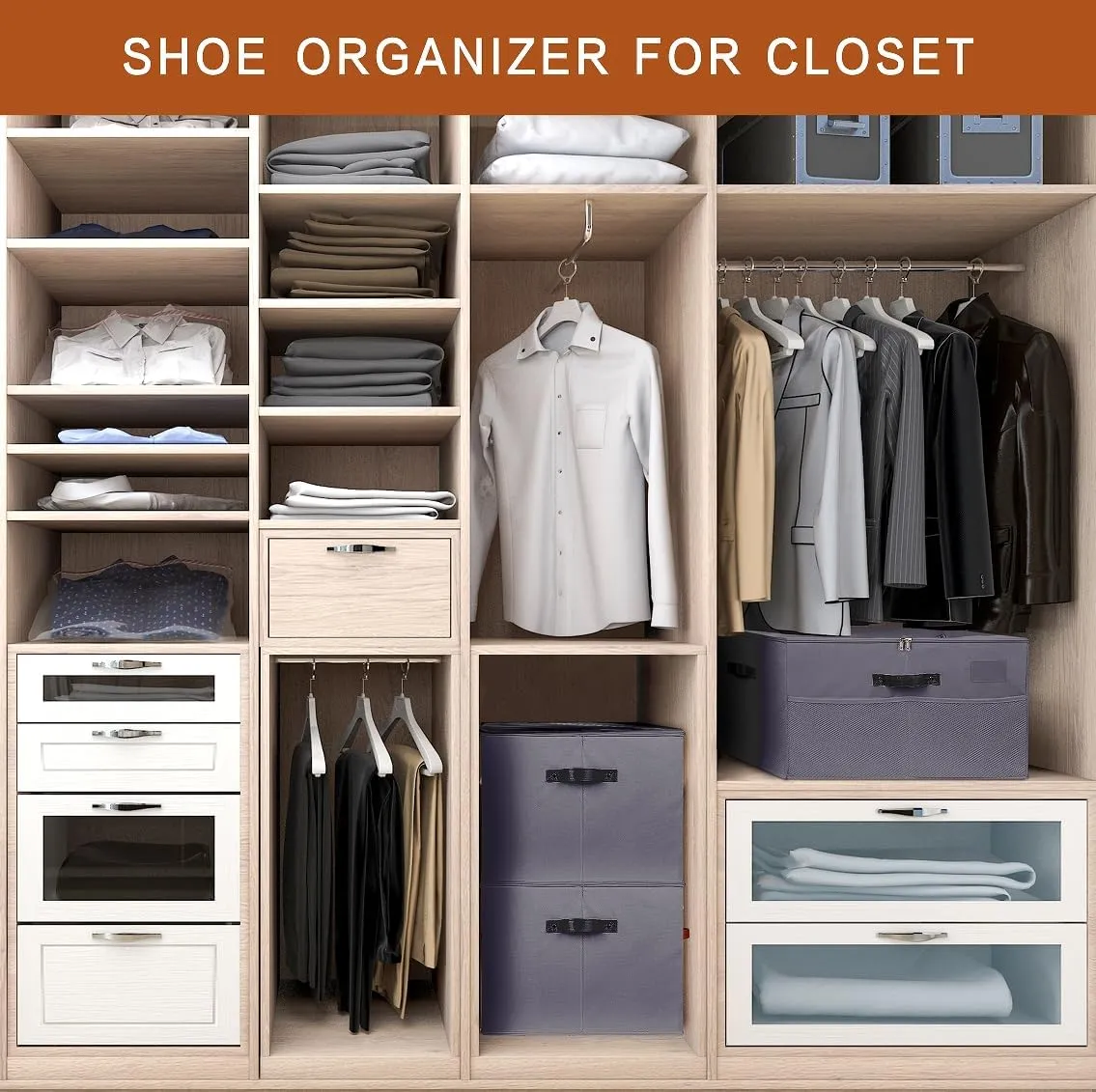 Shoe Storage Organizer for Closet,2 Pack Foldable Shoe Storage Bins with Clear Cover,Large Adjustable Shoe Box Storage Containers,Fits 16-32 Pairs,Space-Saving Shoe Cube Organizer, Grey