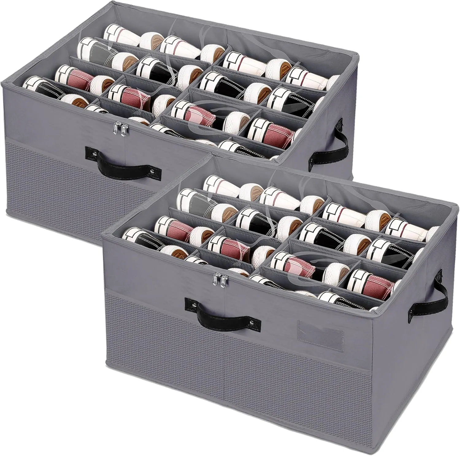 Shoe Storage Organizer for Closet,2 Pack Foldable Shoe Storage Bins with Clear Cover,Large Adjustable Shoe Box Storage Containers,Fits 16-32 Pairs,Space-Saving Shoe Cube Organizer, Grey
