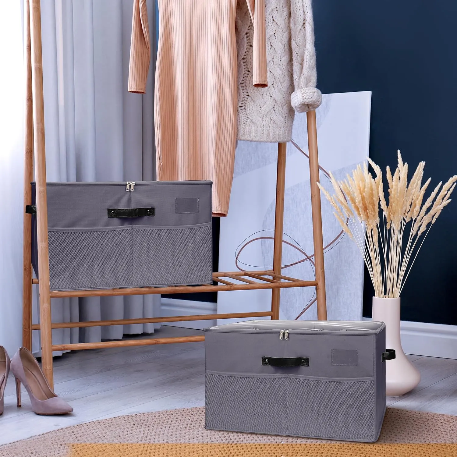 Shoe Storage Organizer for Closet,2 Pack Foldable Shoe Storage Bins with Clear Cover,Large Adjustable Shoe Box Storage Containers,Fits 16-32 Pairs,Space-Saving Shoe Cube Organizer, Grey