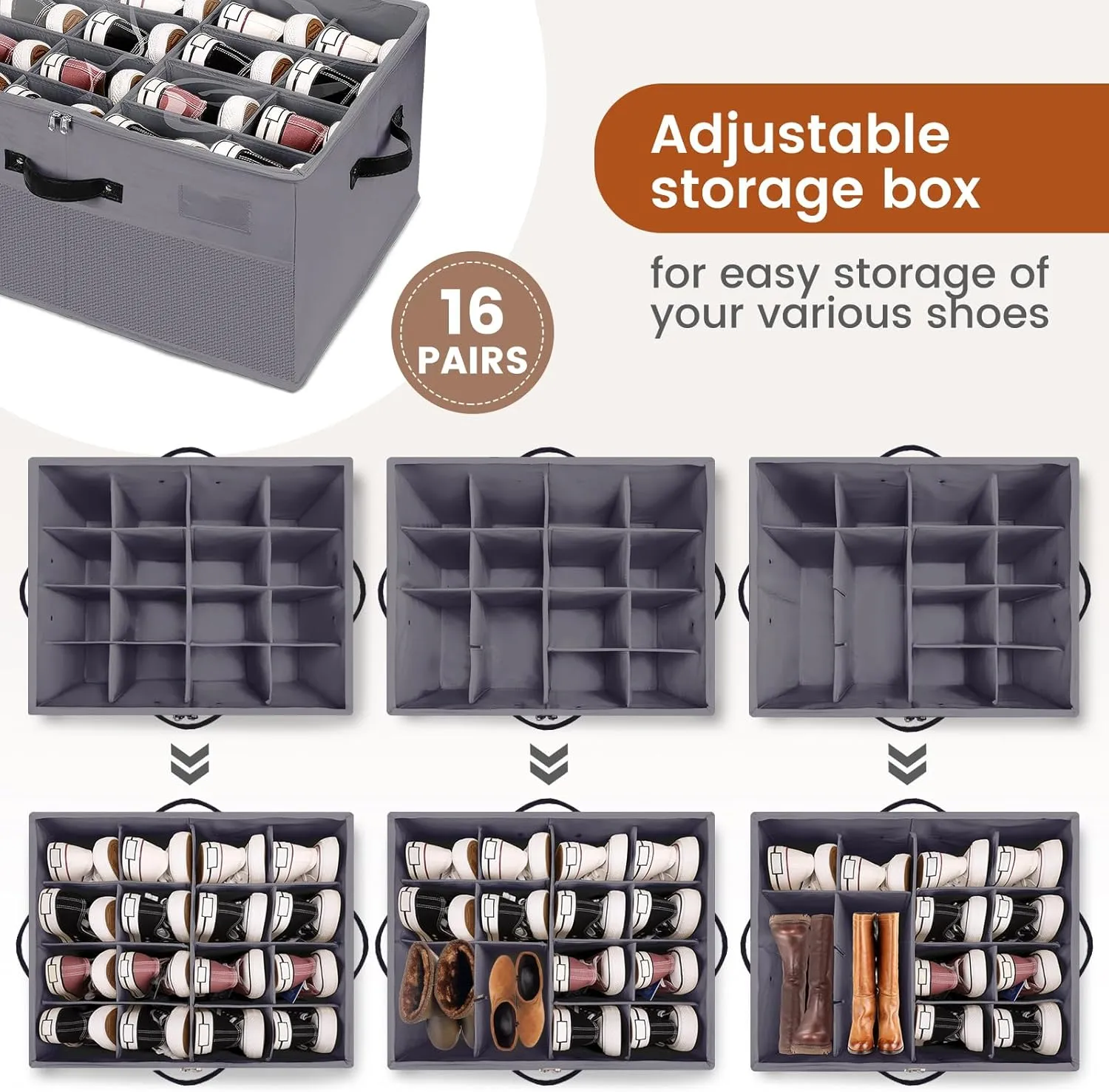 Shoe Storage Organizer for Closet,2 Pack Foldable Shoe Storage Bins with Clear Cover,Large Adjustable Shoe Box Storage Containers,Fits 16-32 Pairs,Space-Saving Shoe Cube Organizer, Grey