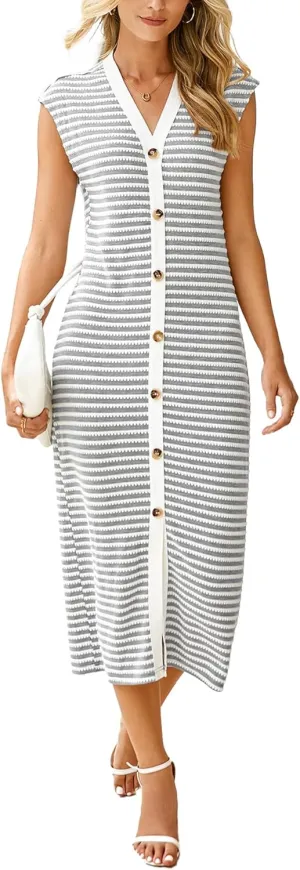 Simplee Women Button Striped Summer Dress Knit Casual Cap Sleeve V-Neck Midi Comfy Travel Dresses 2025 Trendy