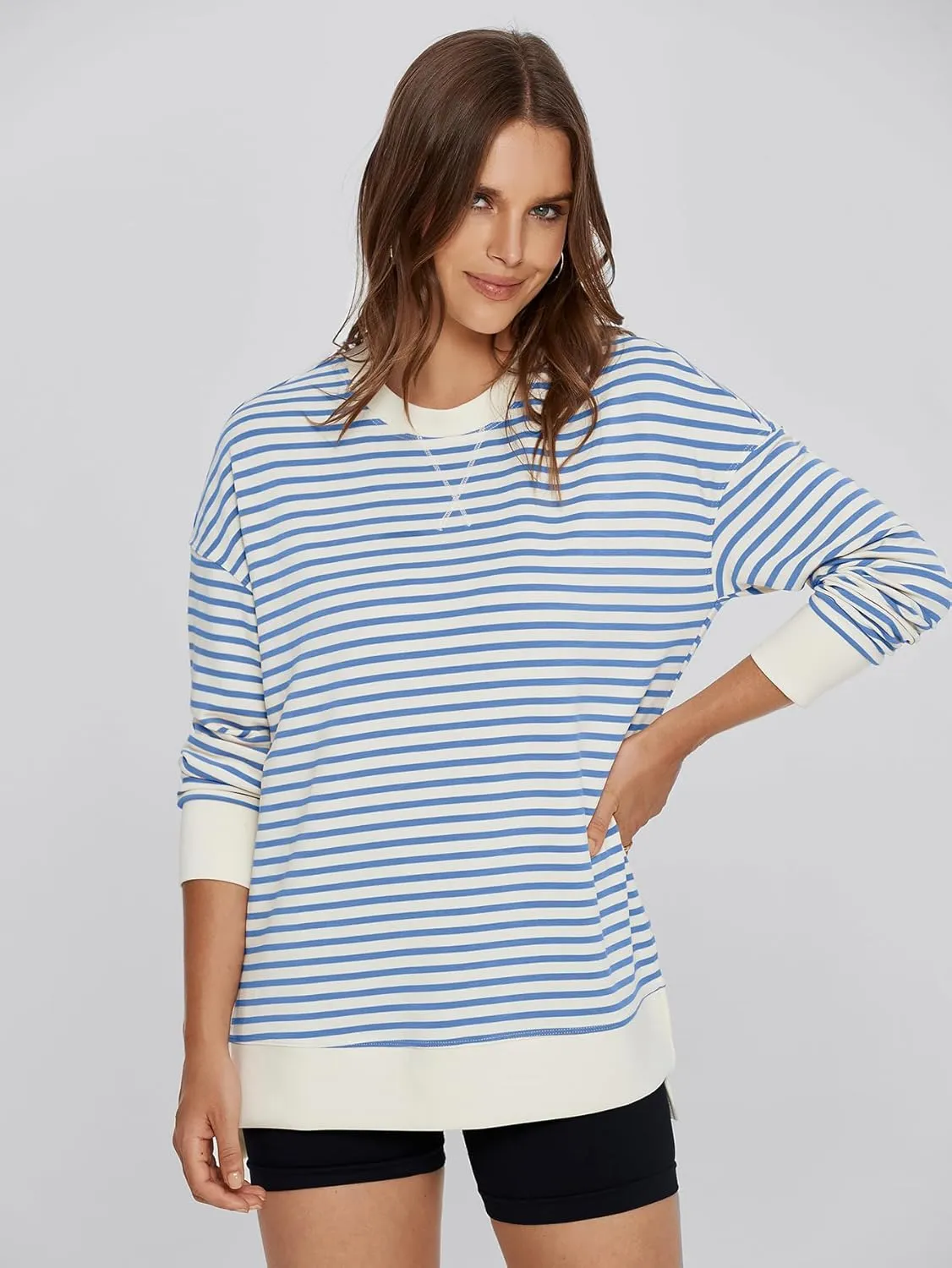 Simplee Womens Sweatshirt Long Sleeve Crewneck Striped Sweatshirt for Women 2024 Trendy Fall Tops Pullover Sweatshirts