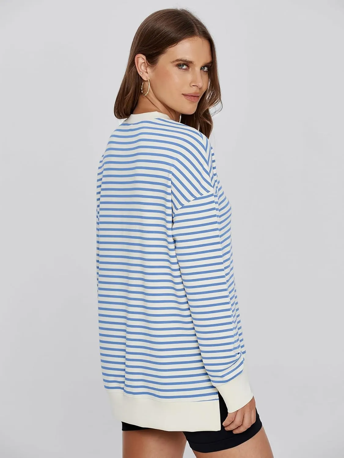 Simplee Womens Sweatshirt Long Sleeve Crewneck Striped Sweatshirt for Women 2024 Trendy Fall Tops Pullover Sweatshirts