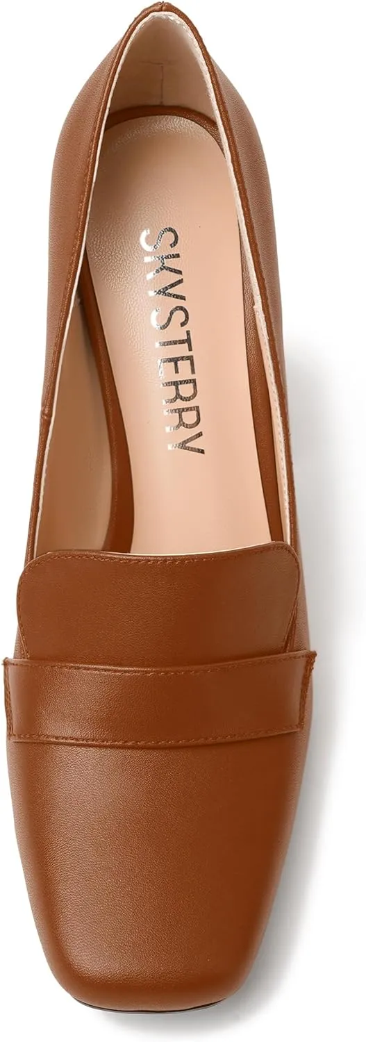 SKYSTERRY Womens Casual Slip On Square Toe Office Matte Block High Heel Loafers Shoes 4 Inch