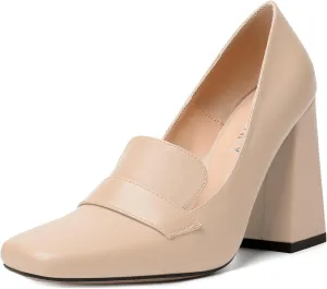 SKYSTERRY Womens Casual Slip On Square Toe Office Matte Block High Heel Loafers Shoes 4 Inch