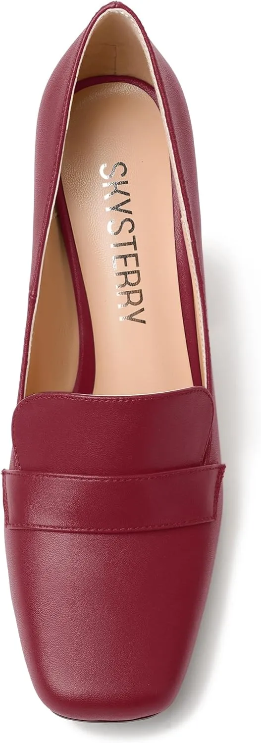 SKYSTERRY Womens Casual Slip On Square Toe Office Matte Block High Heel Loafers Shoes 4 Inch