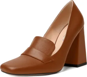 SKYSTERRY Womens Casual Slip On Square Toe Office Matte Block High Heel Loafers Shoes 4 Inch
