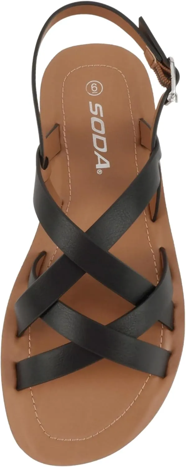 Soda WATCH ~ Women Casual Open Toe Gladiator Crisscross with Sling Back Buckle Fashion Slide Flat Sandal