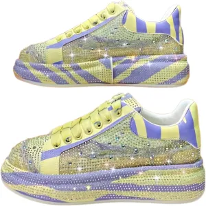 Sparkly Rhinestone Casual Sneakers - Trendy Rainbow Color Block, Platform Sole, PU Leather - Stylish Women's Shoes