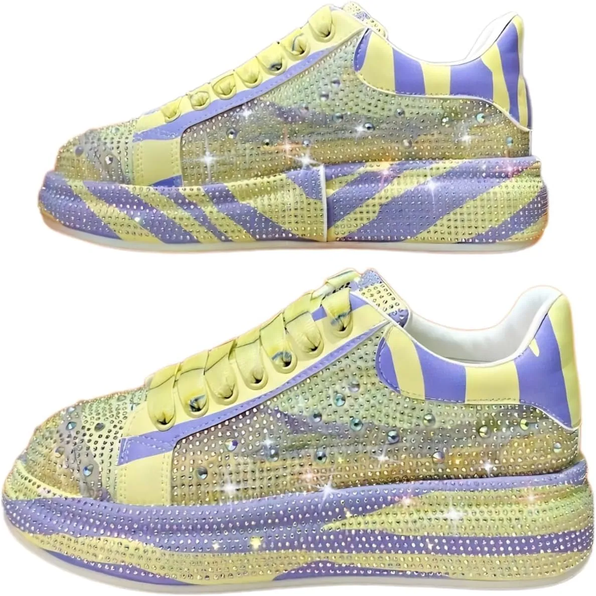 Sparkly Rhinestone Casual Sneakers - Trendy Rainbow Color Block, Platform Sole, PU Leather - Stylish Women's Shoes