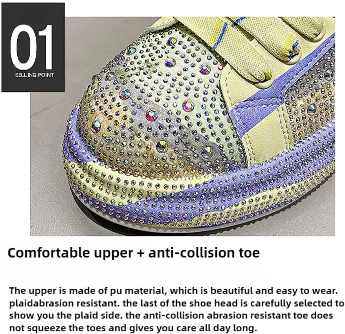 Sparkly Rhinestone Casual Sneakers - Trendy Rainbow Color Block, Platform Sole, PU Leather - Stylish Women's Shoes