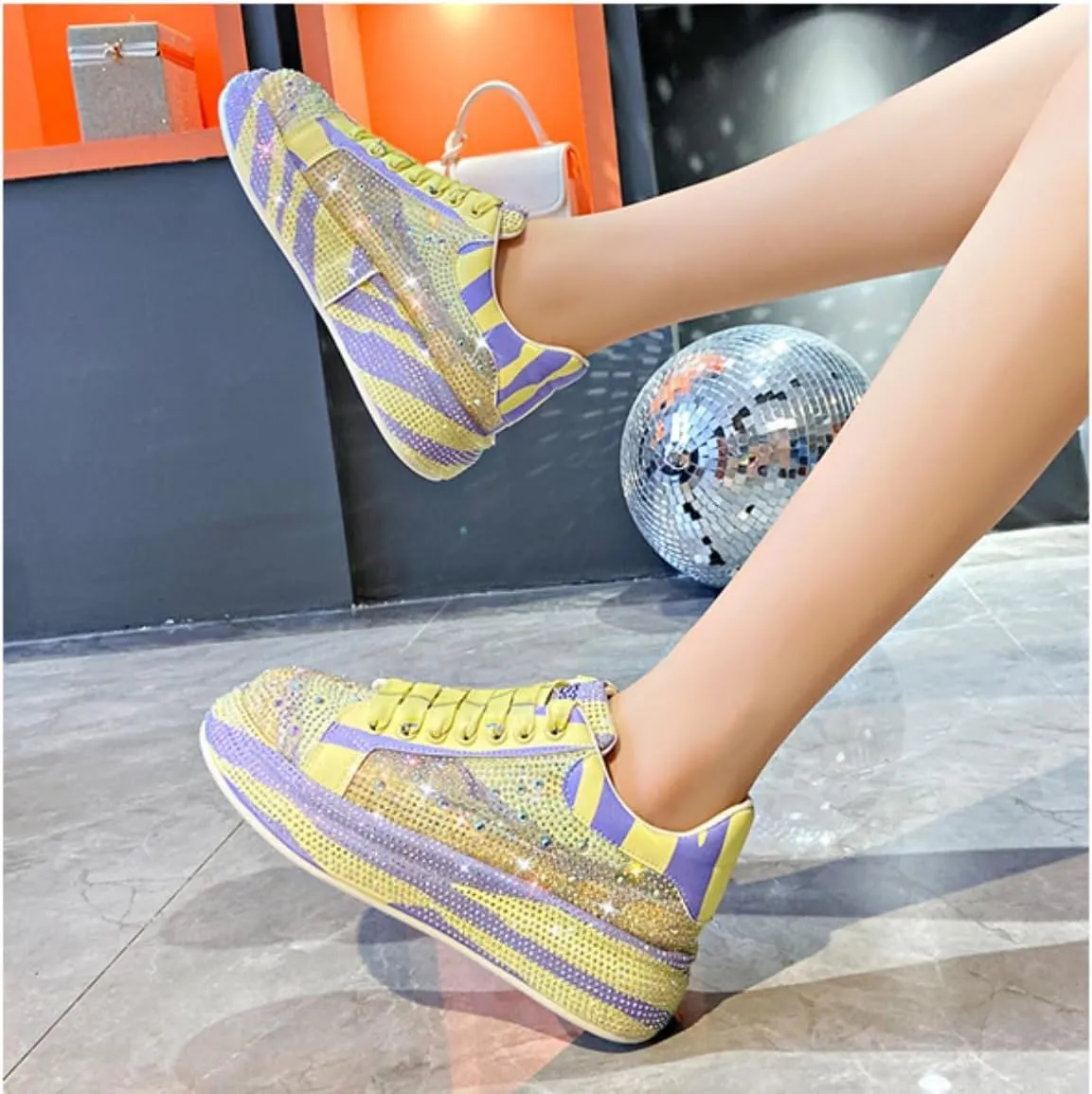 Sparkly Rhinestone Casual Sneakers - Trendy Rainbow Color Block, Platform Sole, PU Leather - Stylish Women's Shoes
