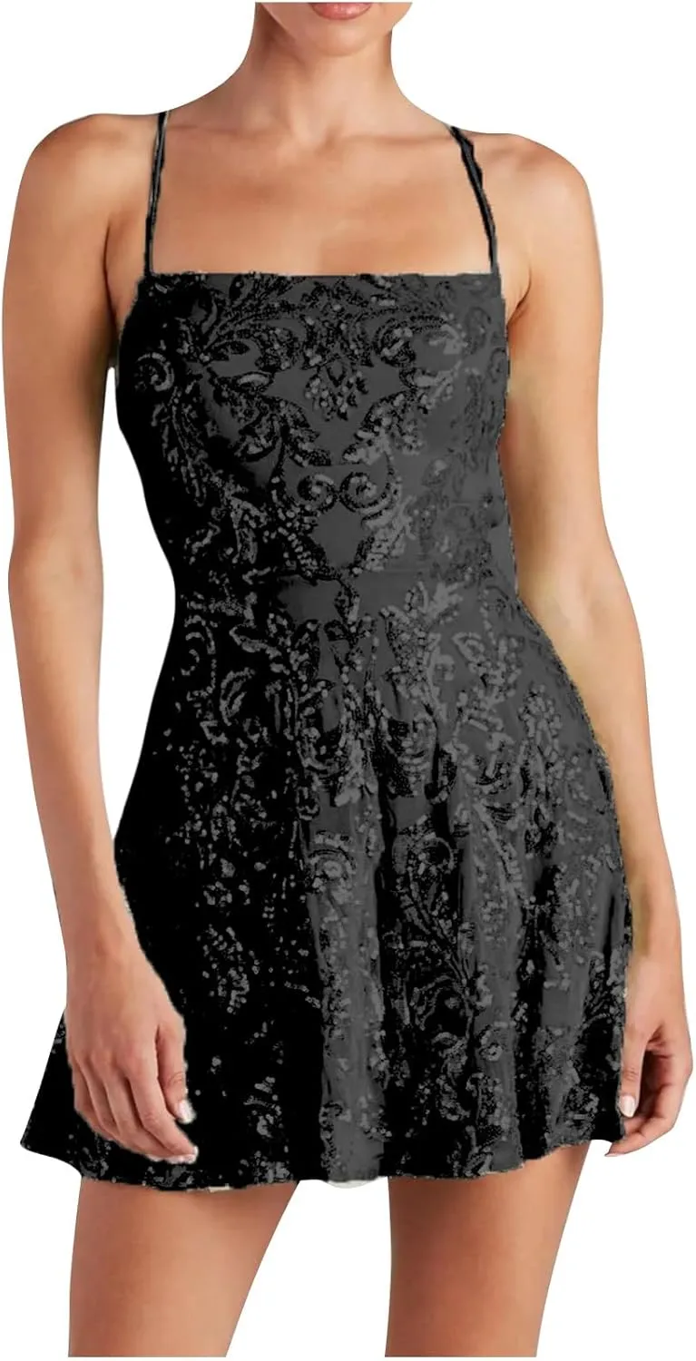 Spring Summer New Dresses for Women Sparkly Spaghetti Strap Padded Casual Dress Slim Pleated Mini Dress