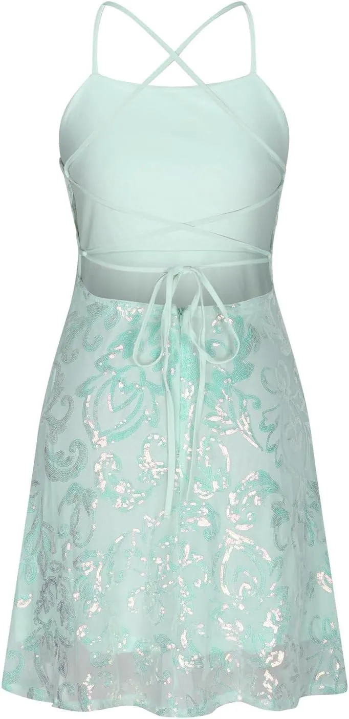 Spring Summer New Dresses for Women Sparkly Spaghetti Strap Padded Casual Dress Slim Pleated Mini Dress