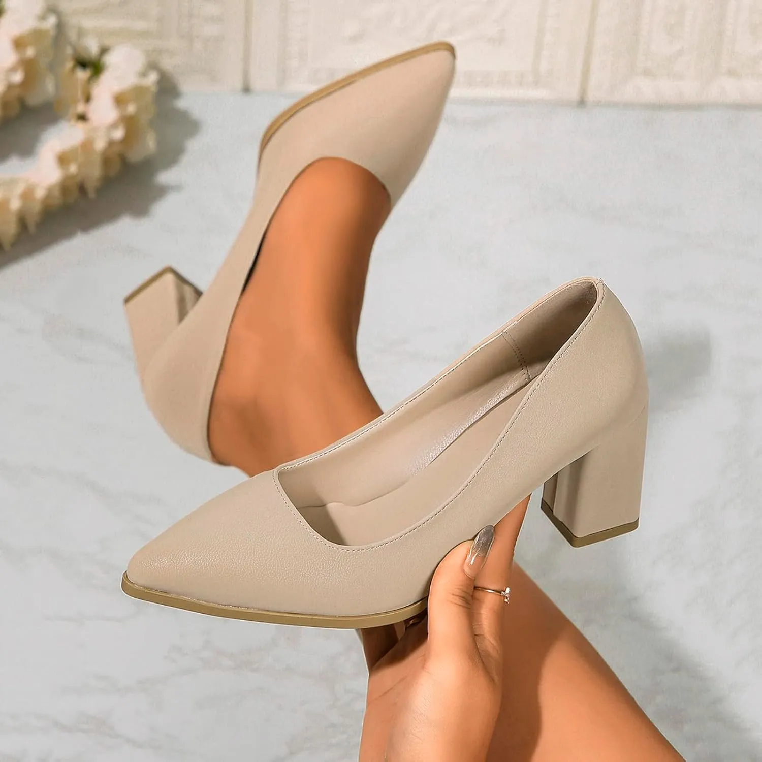 Suede Pumps Women's Chunky Dress Shoes Closed Pointed Toe Mary Janes Comfortable Office Shoes Slip On Loafers
