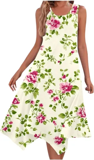 Summer Boho Dress for Womens Fashion Pleated Sleeveless A-Line Mini Dresses Crewneck Loose Casual Ruffle Sundress