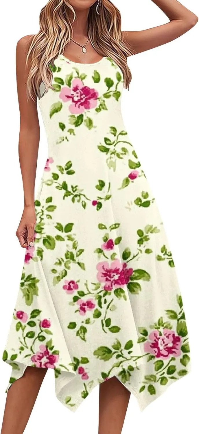 Summer Boho Dress for Womens Fashion Pleated Sleeveless A-Line Mini Dresses Crewneck Loose Casual Ruffle Sundress