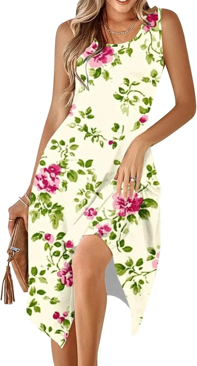 Summer Boho Dress for Womens Fashion Pleated Sleeveless A-Line Mini Dresses Crewneck Loose Casual Ruffle Sundress