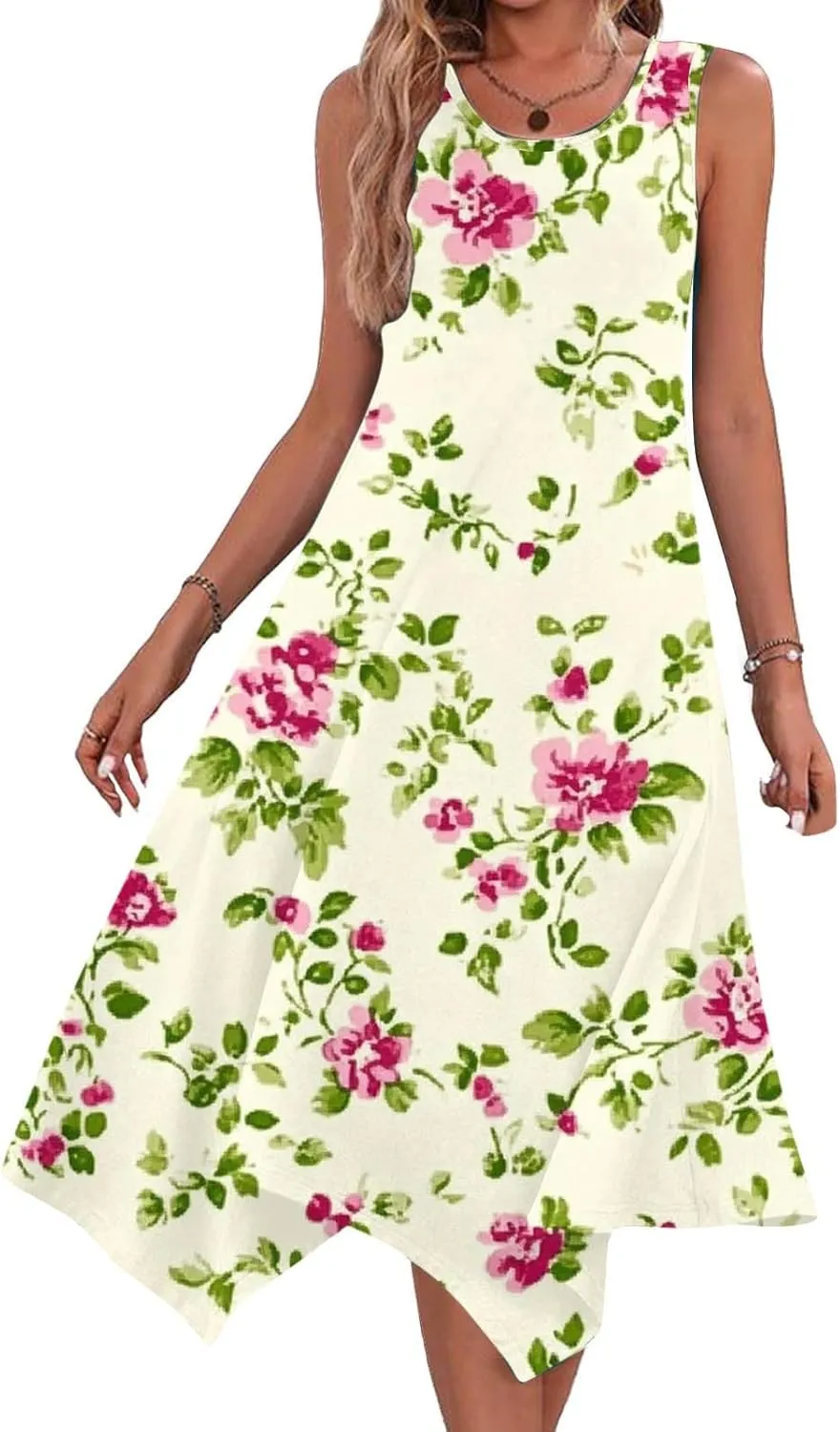Summer Boho Dress for Womens Fashion Pleated Sleeveless A-Line Mini Dresses Crewneck Loose Casual Ruffle Sundress